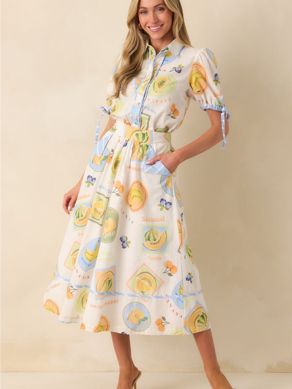 Prosperina Annie Fruit Print Linen Cotton Apron Midi Skirt NWT Xs